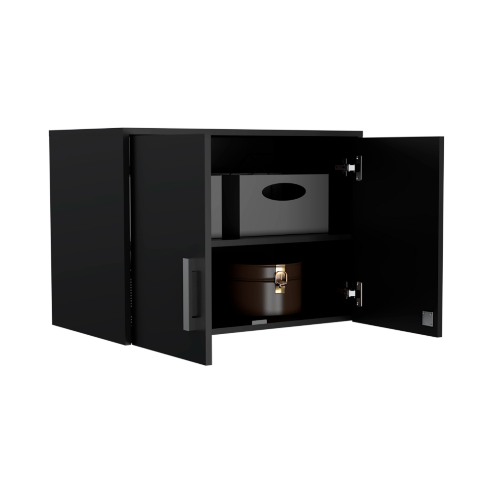 Lions Wall Storage Cabinet in Black Wengue finish with three shelves and double doors, ideal for office organization.
