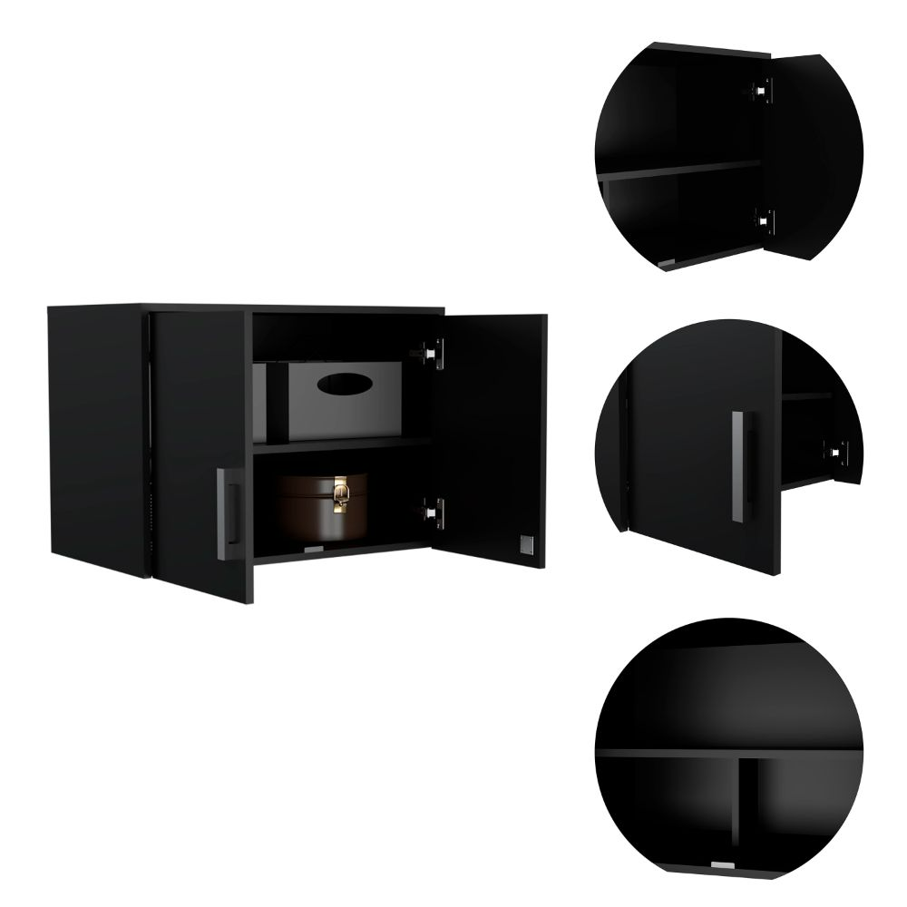 Lions Wall Storage Cabinet in Black Wengue finish with three shelves and double doors, ideal for office organization.
