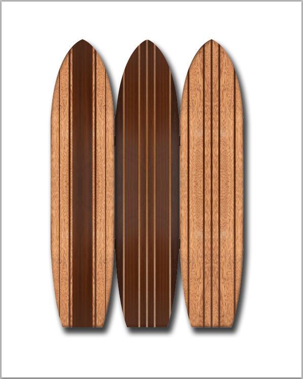 Warm Brown Long Board Room Divider Screen shaped like surfboards, showcasing natural wood grain and three hinged panels.