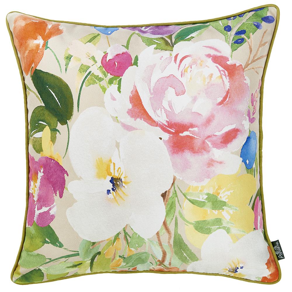 A colorful Watercolor Bouquet Decorative Throw Pillow Cover featuring vibrant floral patterns on a soft brushed fabric with a hidden zipper closure.