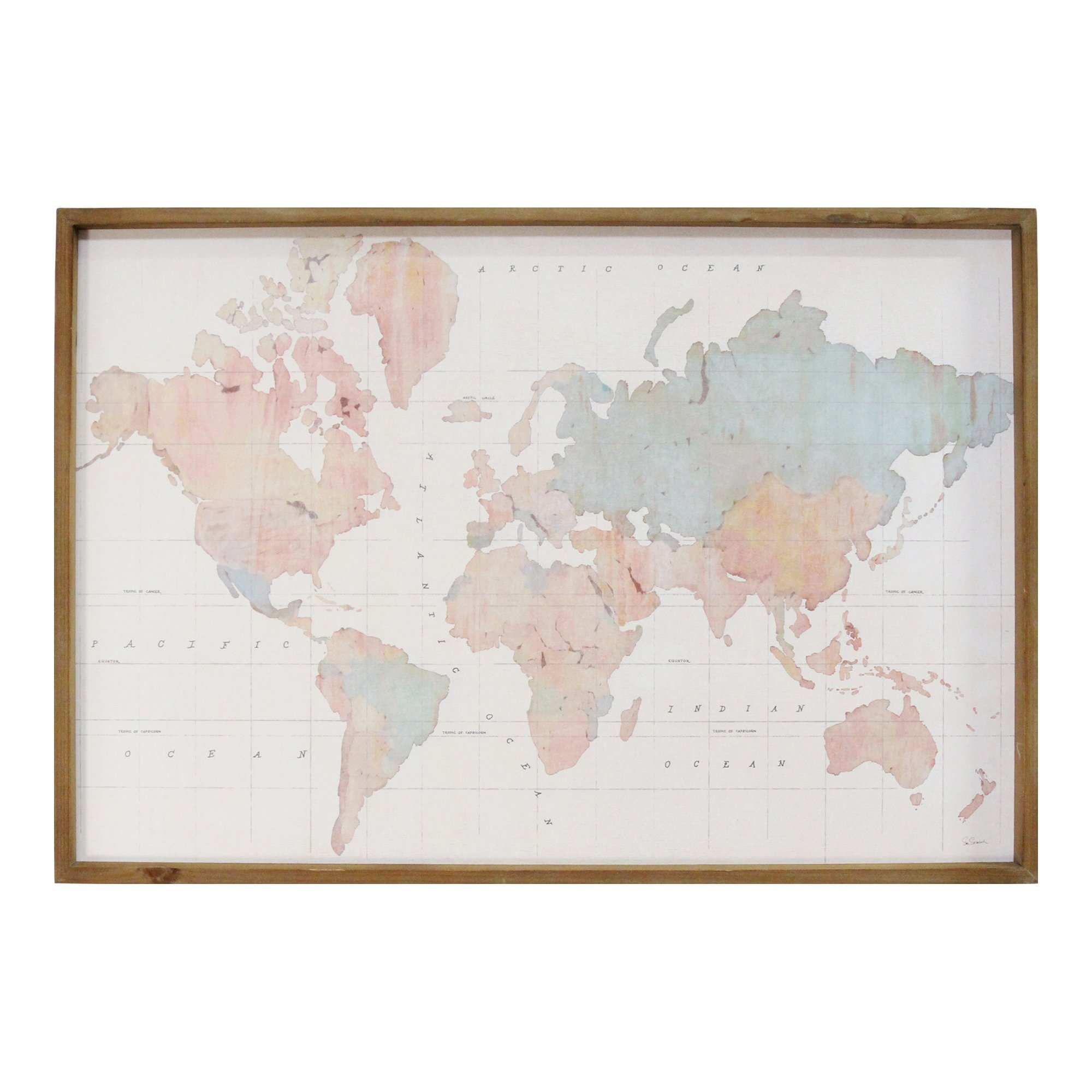 A beautifully designed watercolor world map in a handcrafted wooden frame, showcasing shades of pink and blue on a white background.