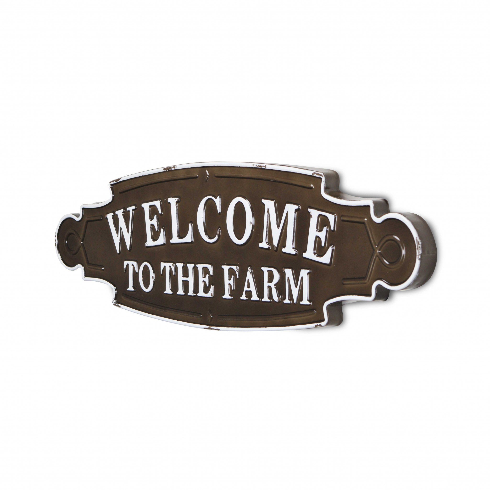 Welcome to the Farm Lacquered Black and White Metal Wall Art featuring raised lettering and a contemporary design, perfect for home decor.
