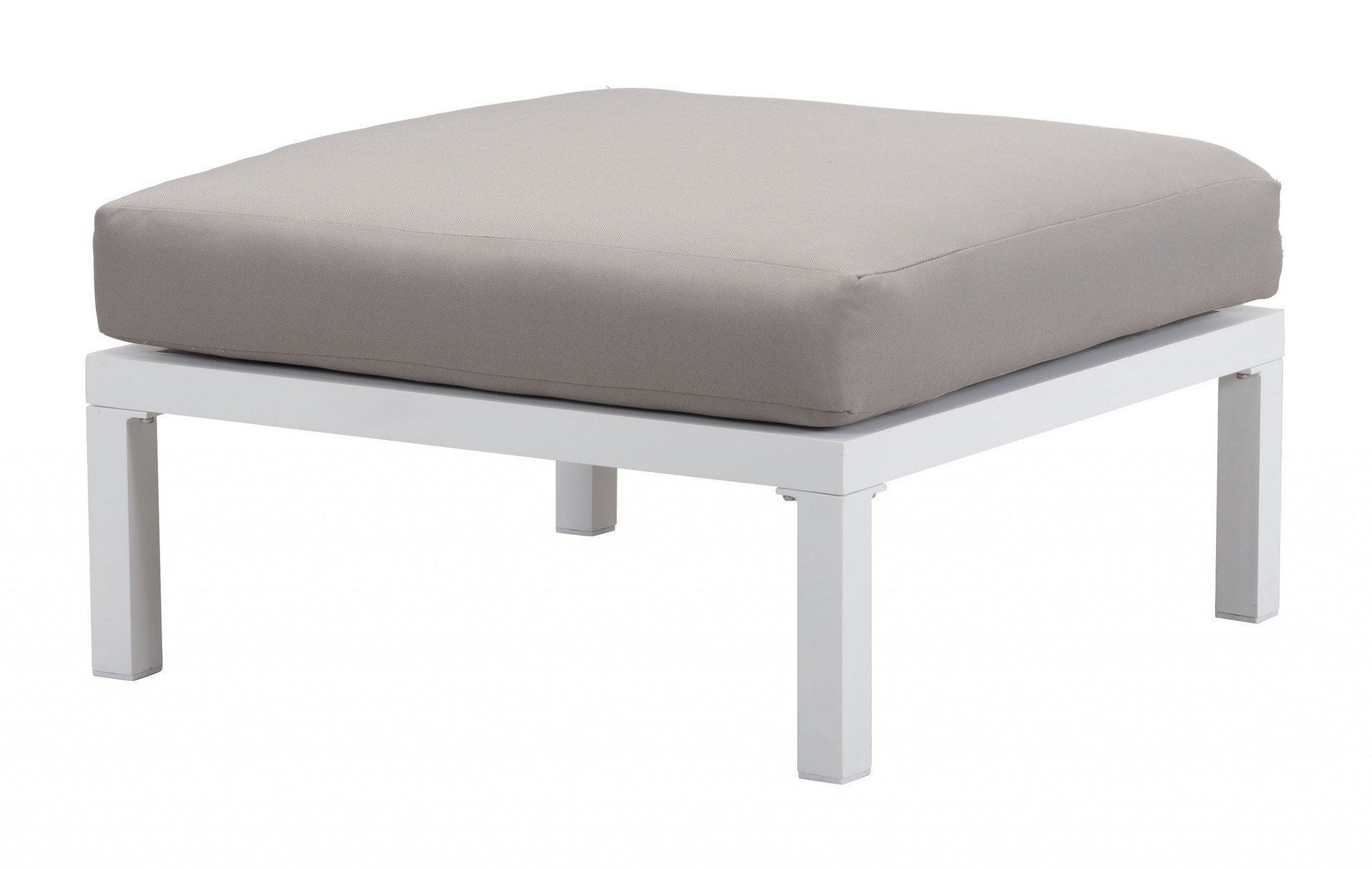 A stylish gray and white outdoor ottoman with a thick cushion, designed for comfort and durability, perfect for patios and decks.