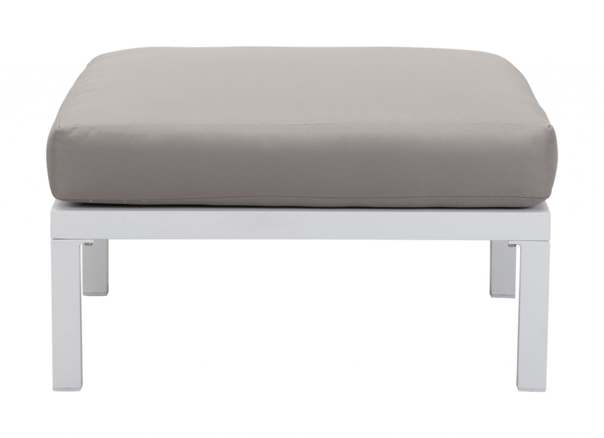 A stylish gray and white outdoor ottoman with a thick cushion, designed for comfort and durability, perfect for patios and decks.