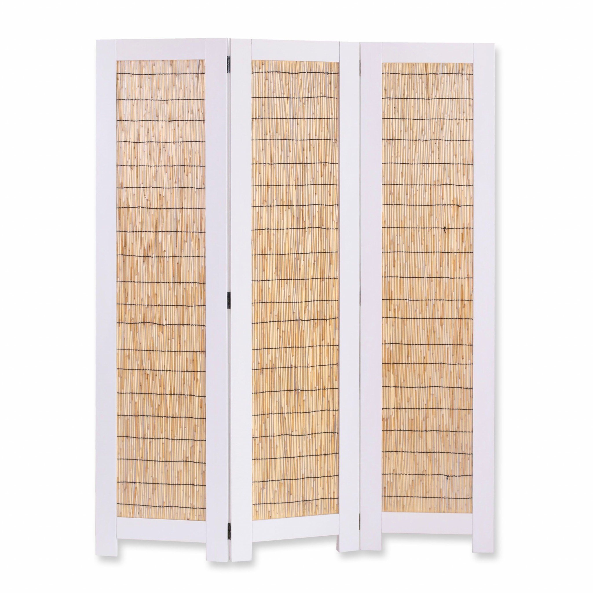 Elegant white and natural three panel room divider screen with intricate hand-carved designs, perfect for home or office decor.