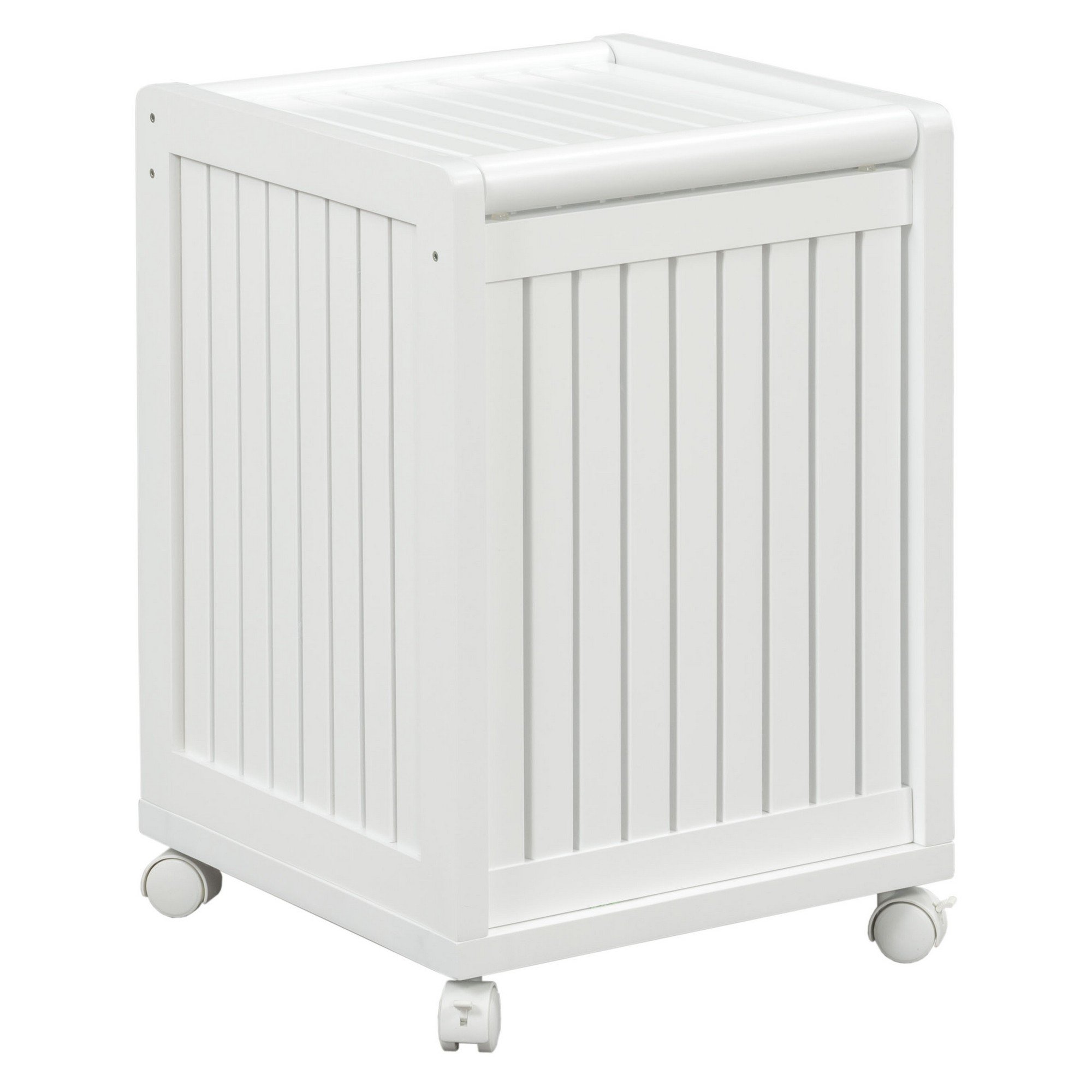 White Solid Wood Rolling Laundry Hamper with Lid featuring slat design and four-wheel casters for easy mobility.