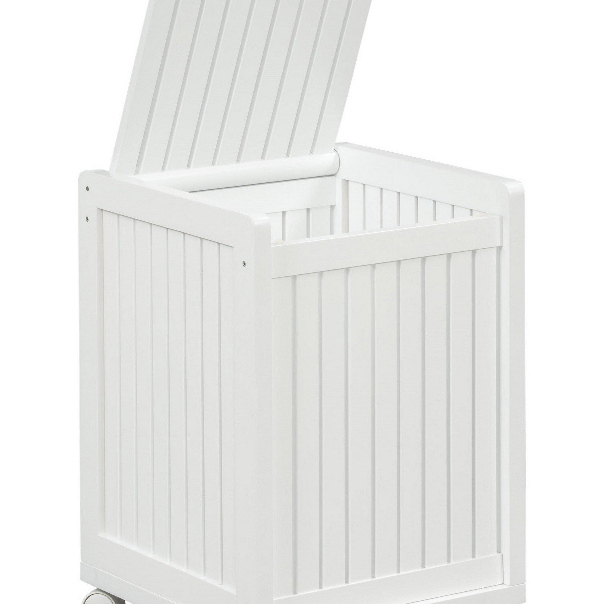 White Solid Wood Rolling Laundry Hamper with Lid featuring slat design and four-wheel casters for easy mobility.