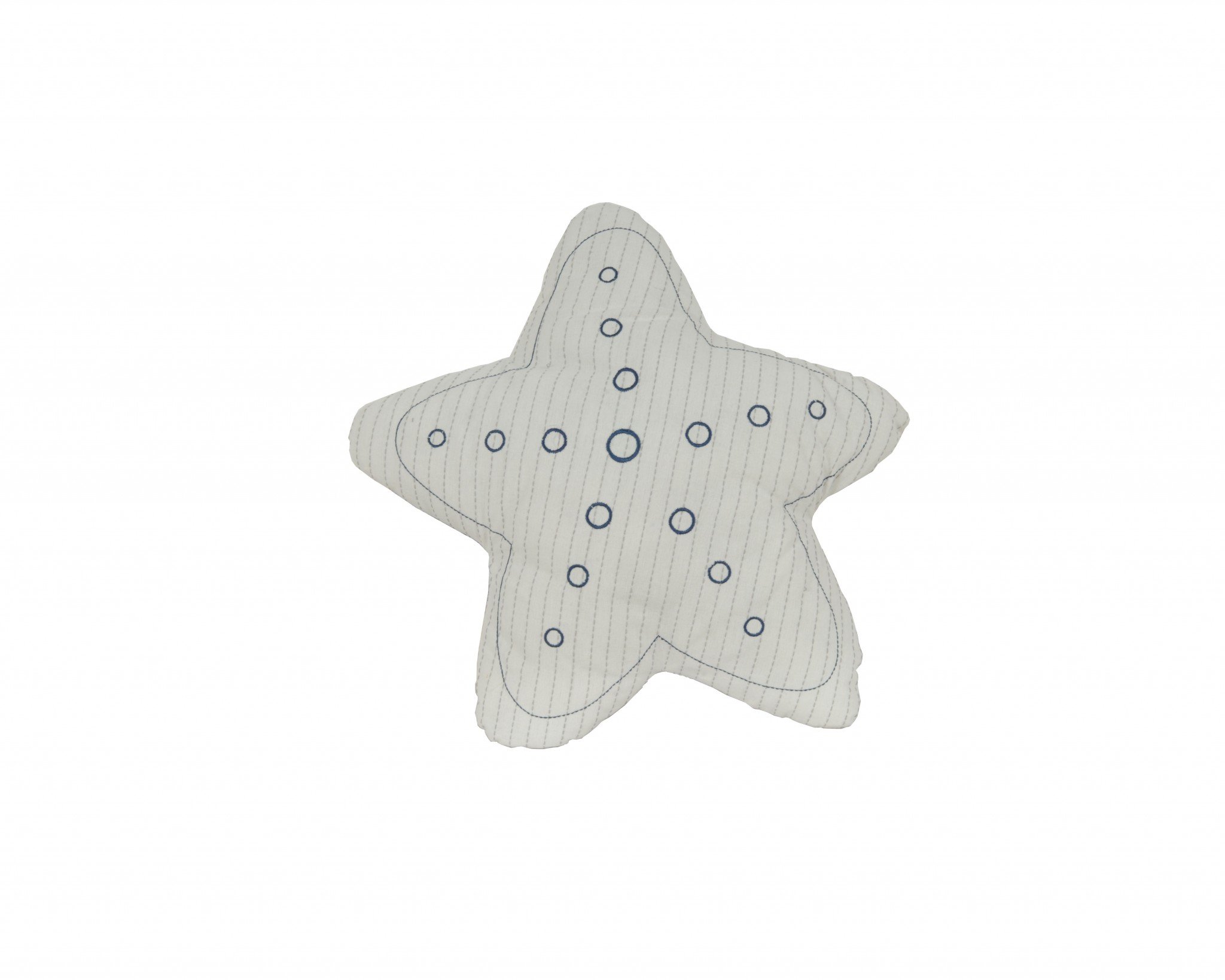 A soft white star-shaped pillow with blue accents, perfect for home decor.