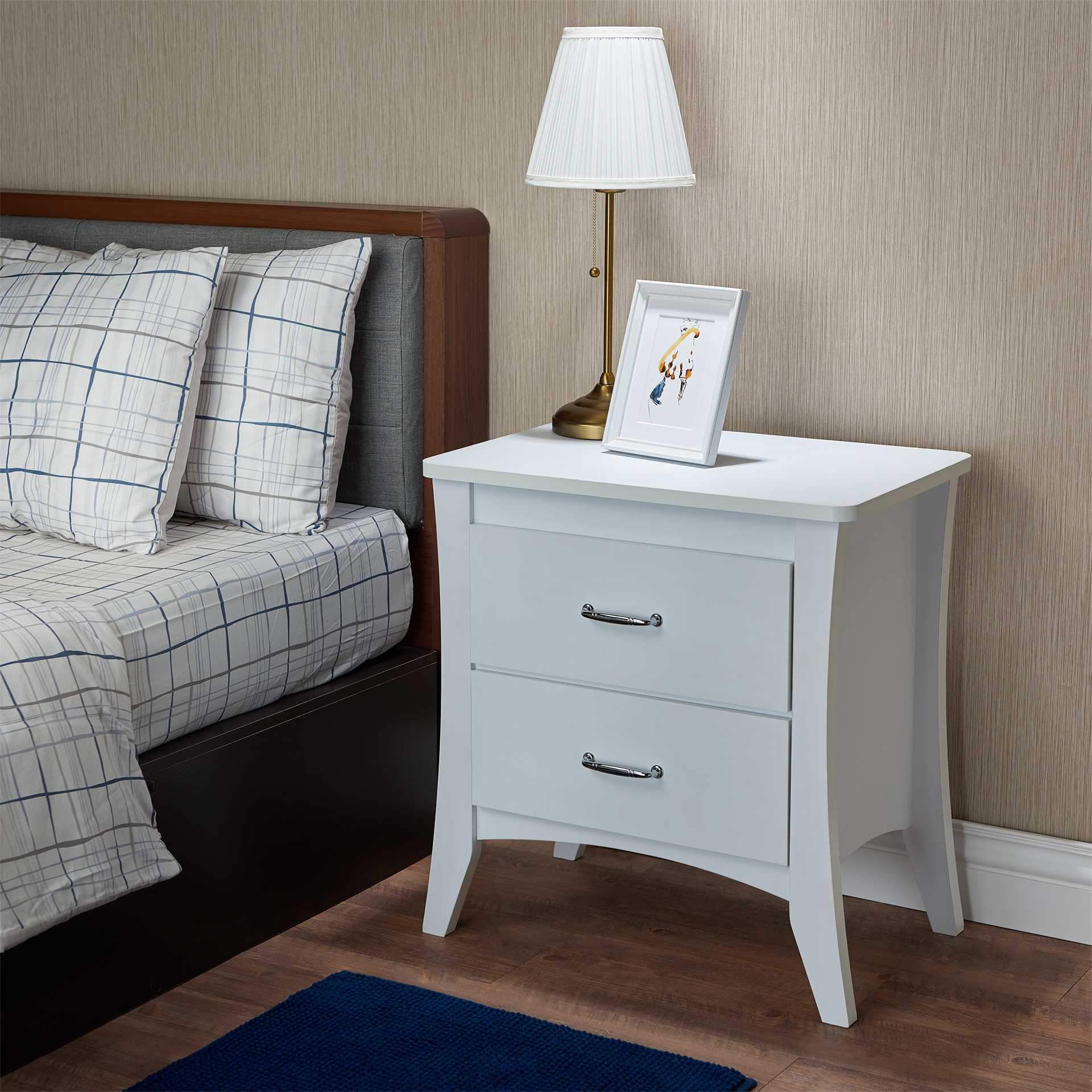 Elegant White Wooden 2 Drawer Nightstand with sleek design and tapered legs, perfect for bedroom or living room decor.