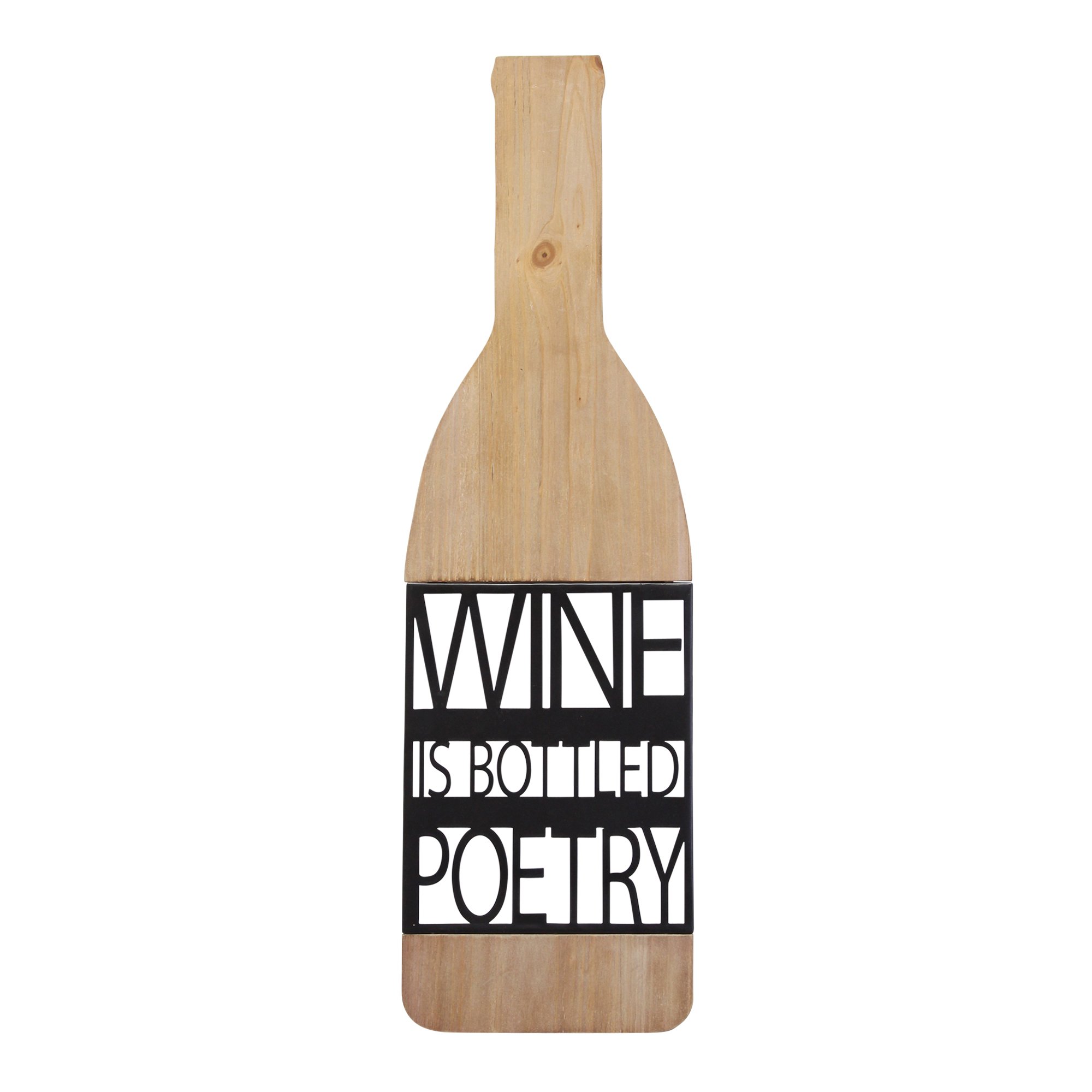 Elegant wall decor featuring the phrase 'Wine is Bottled Poetry' in black metal with natural wood accents, perfect for wine lovers.