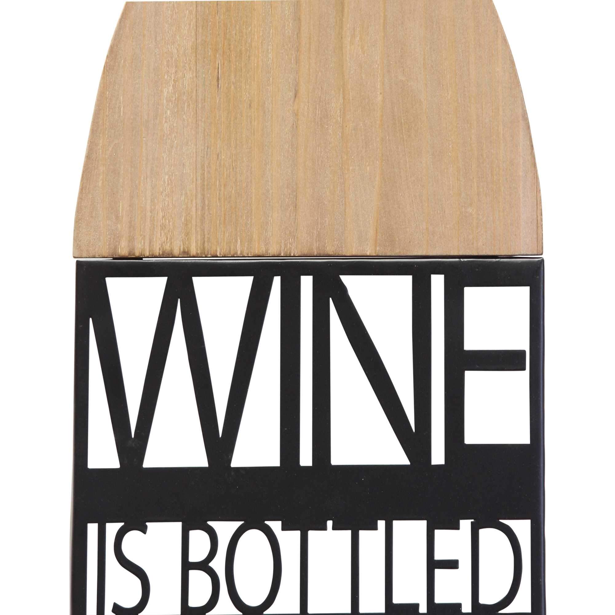 Elegant wall decor featuring the phrase 'Wine is Bottled Poetry' in black metal with natural wood accents, perfect for wine lovers.