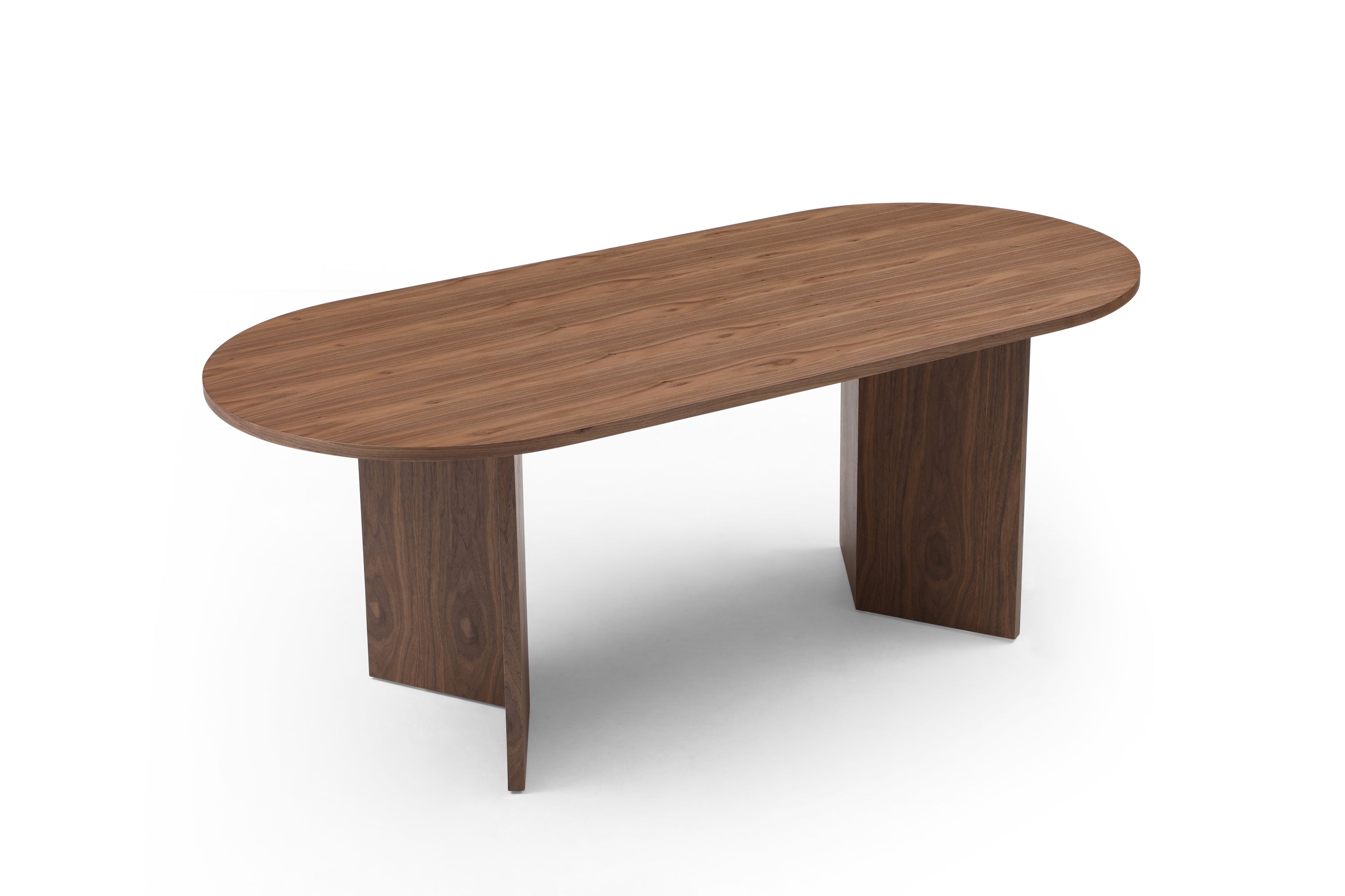 Wood dining table with walnut finish, perfect for small spaces, accommodating 4-8 people, showcasing modern design.
