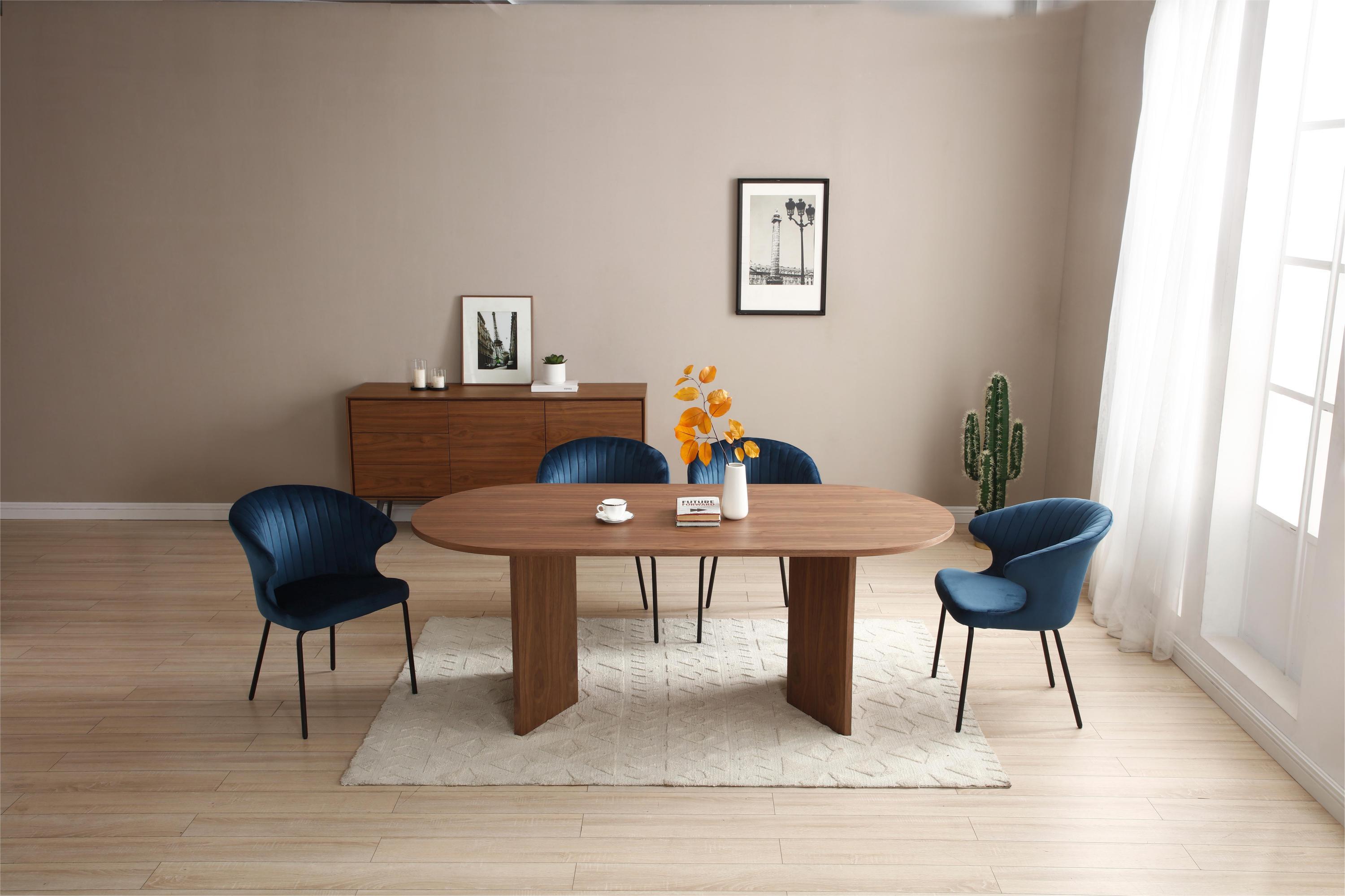 Wood dining table with walnut finish, perfect for small spaces, accommodating 4-8 people, showcasing modern design.