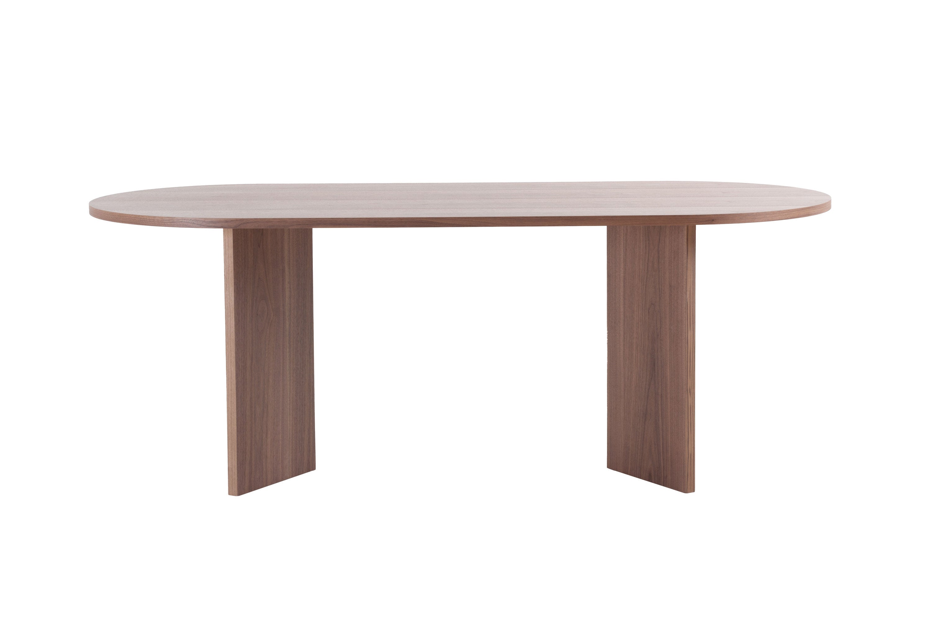Wood dining table with walnut finish, perfect for small spaces, accommodating 4-8 people, showcasing modern design.