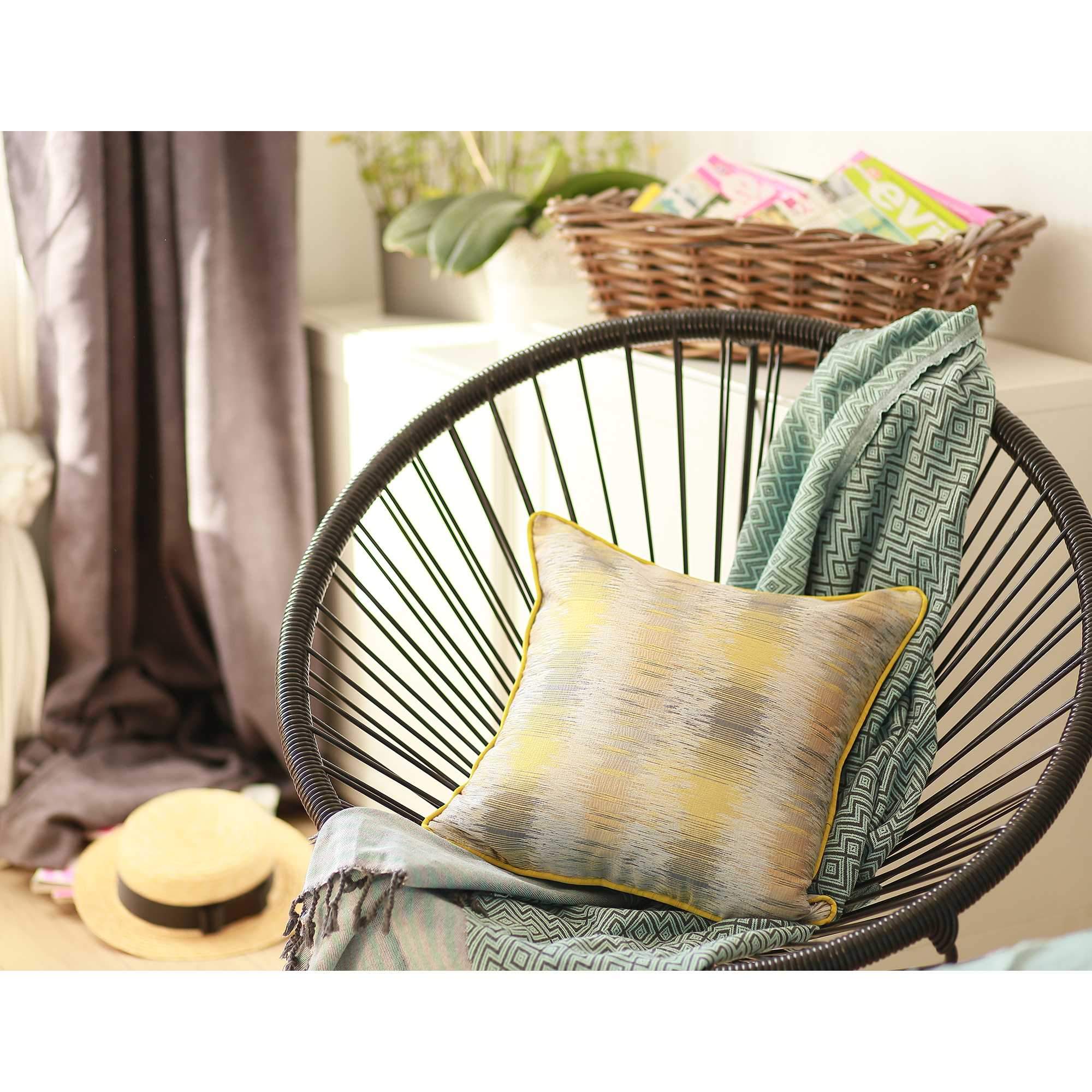 Yellow and gray decorative throw pillow cover featuring a blurred lines pattern, made from luxurious jacquard fabric with a hidden zipper closure.