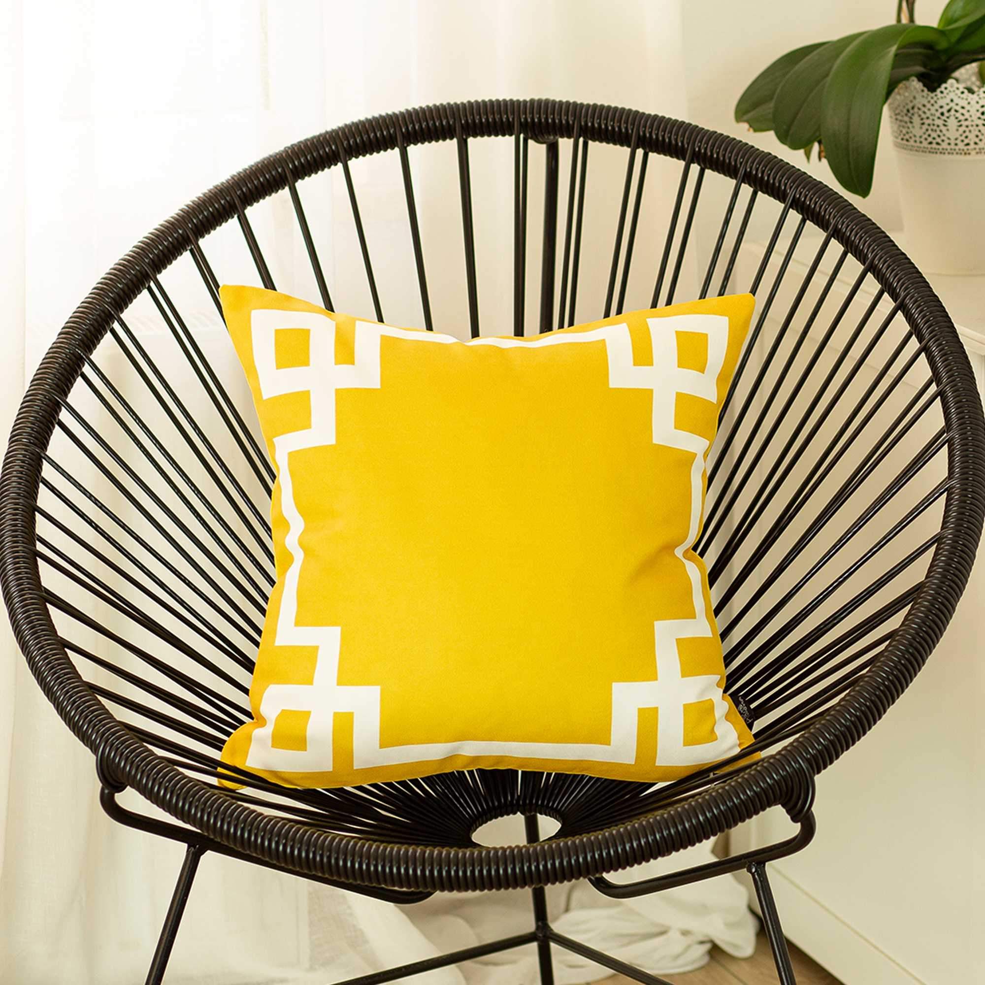 Yellow and white geometric decorative throw pillow cover with hidden zipper, showcasing vibrant patterns on luxurious brushed fabric.