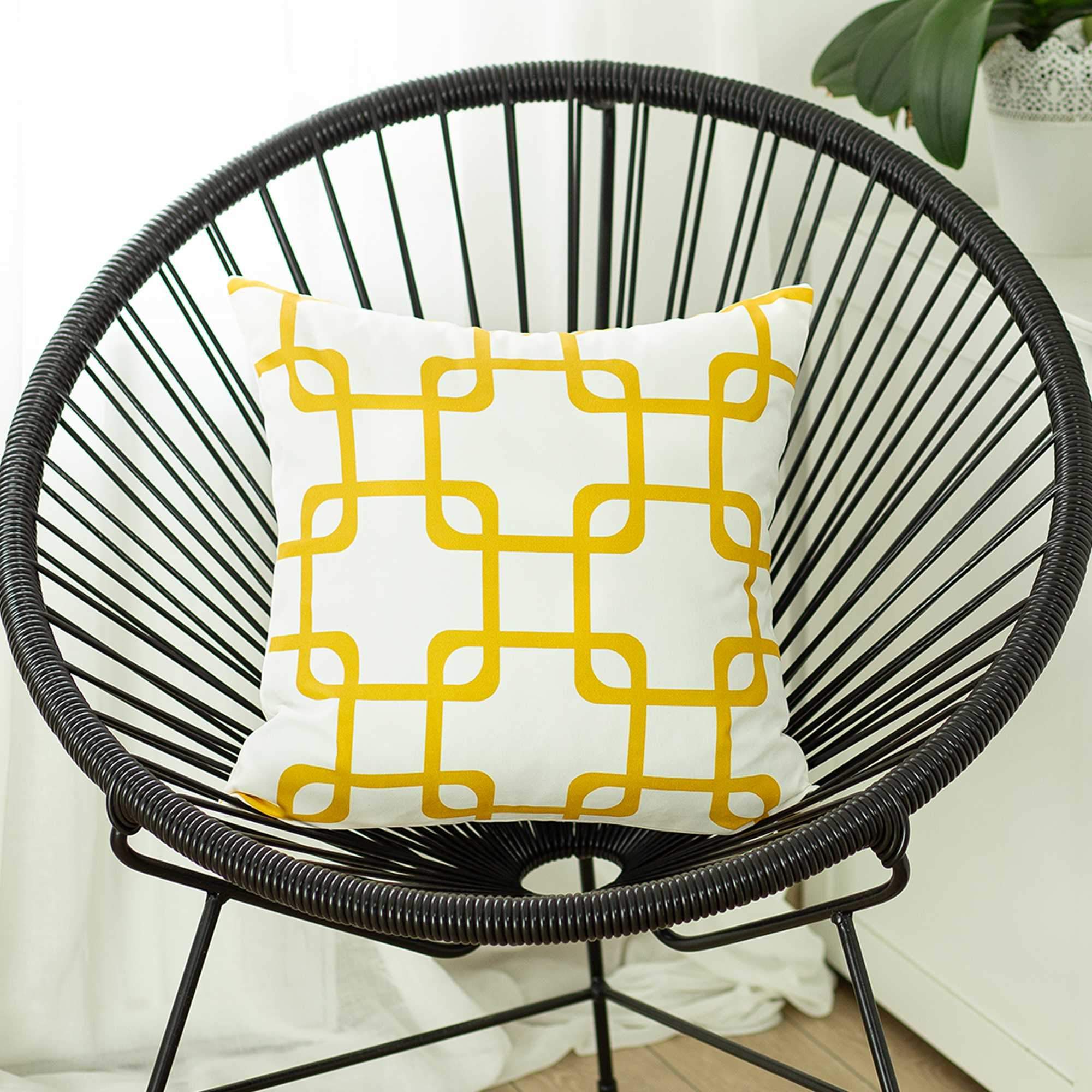 Yellow and white decorative throw pillow cover featuring geometric squares design, made from soft brushed polyester fabric with hidden zipper closure.