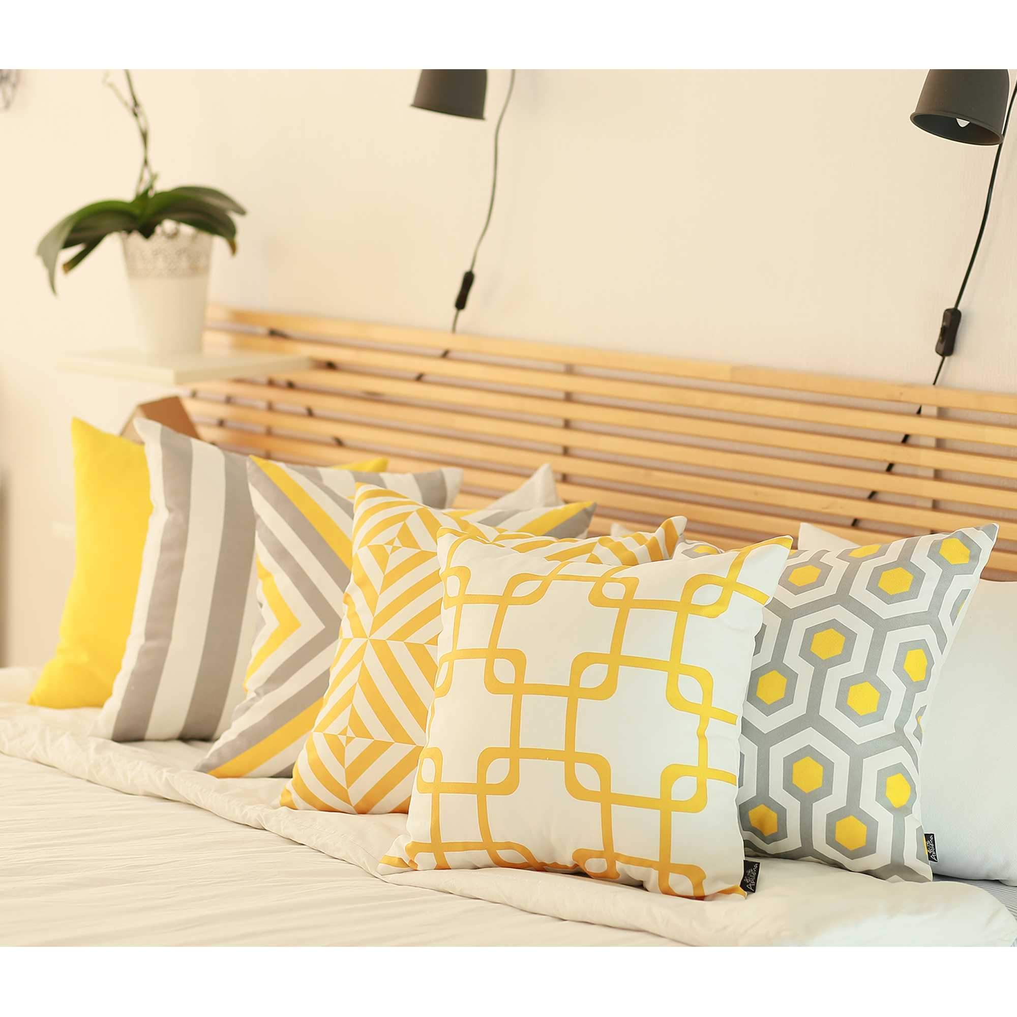 Yellow and white decorative throw pillow cover featuring geometric squares design, made from soft brushed polyester fabric with hidden zipper closure.