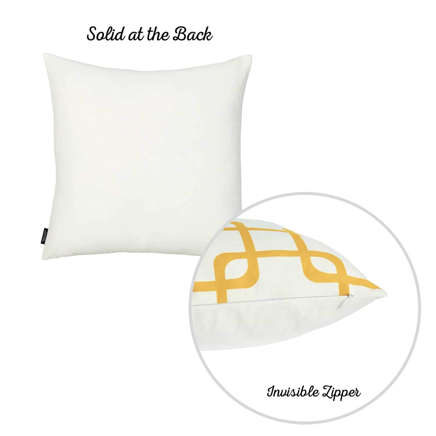 Yellow and white decorative throw pillow cover featuring geometric squares design, made from soft brushed polyester fabric with hidden zipper closure.