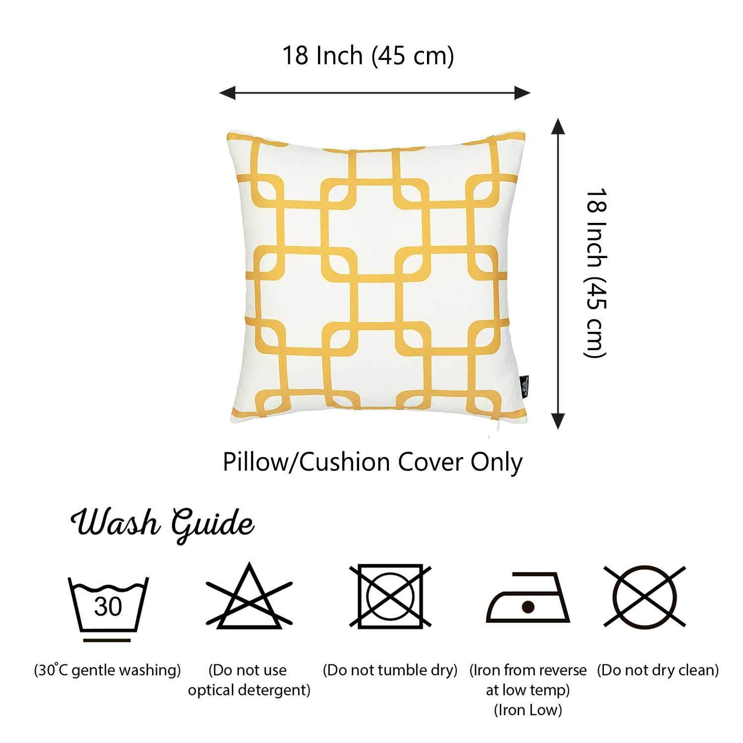 Yellow and white decorative throw pillow cover featuring geometric squares design, made from soft brushed polyester fabric with hidden zipper closure.