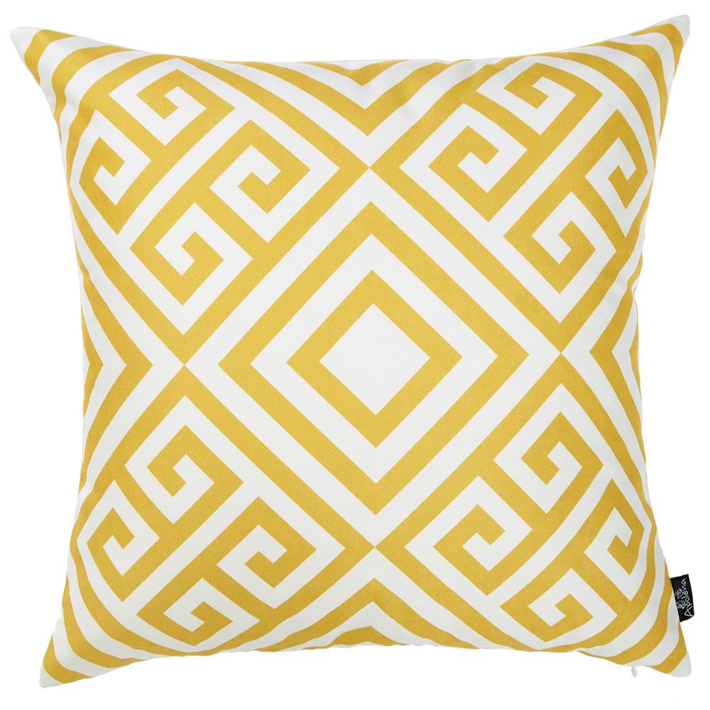 Yellow and white decorative throw pillow cover featuring a vibrant Greek print design with a hidden zipper closure.