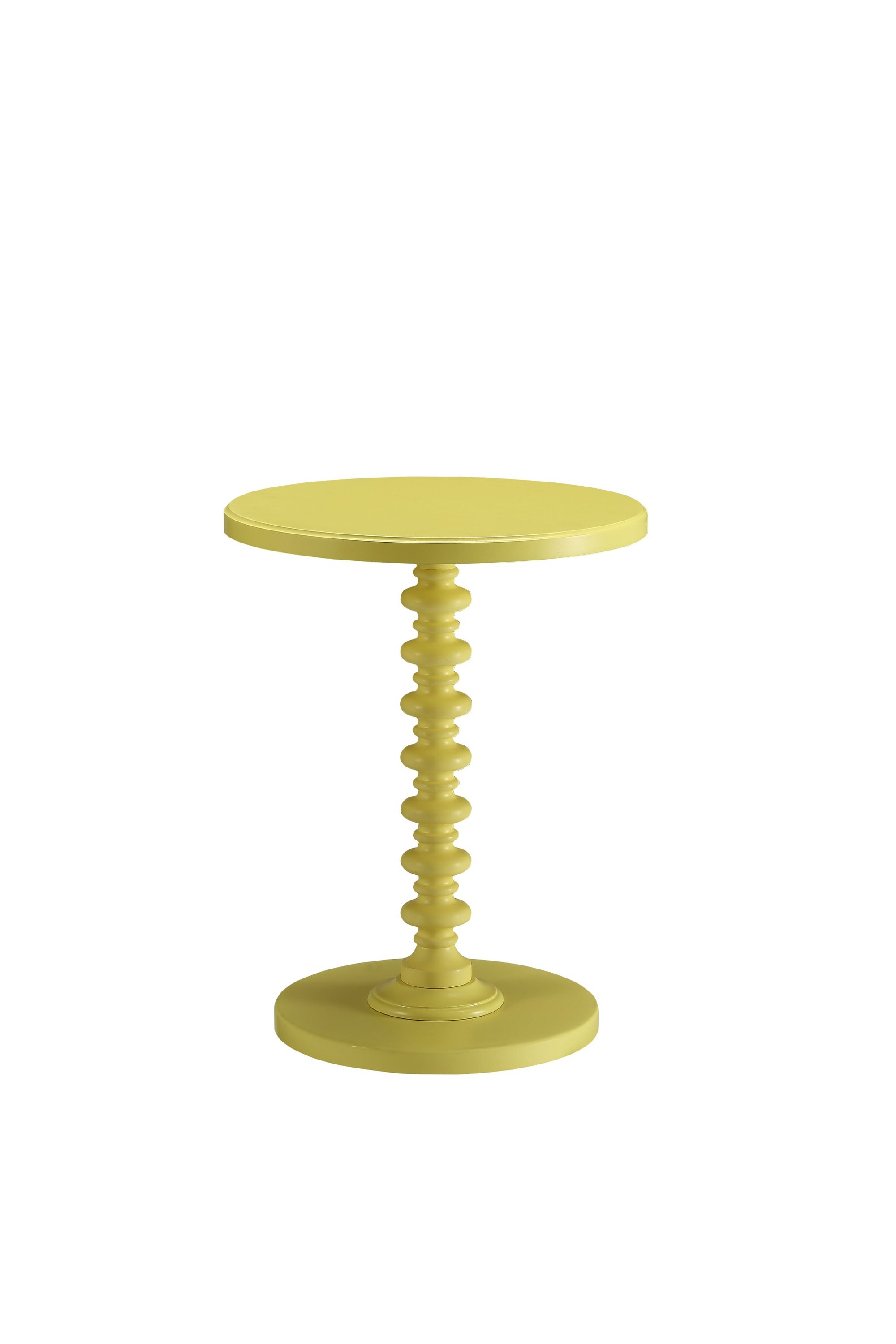 A vibrant yellow solid wooden spindle side table featuring a round top and base with a turned pedestal, perfect for home decor.
