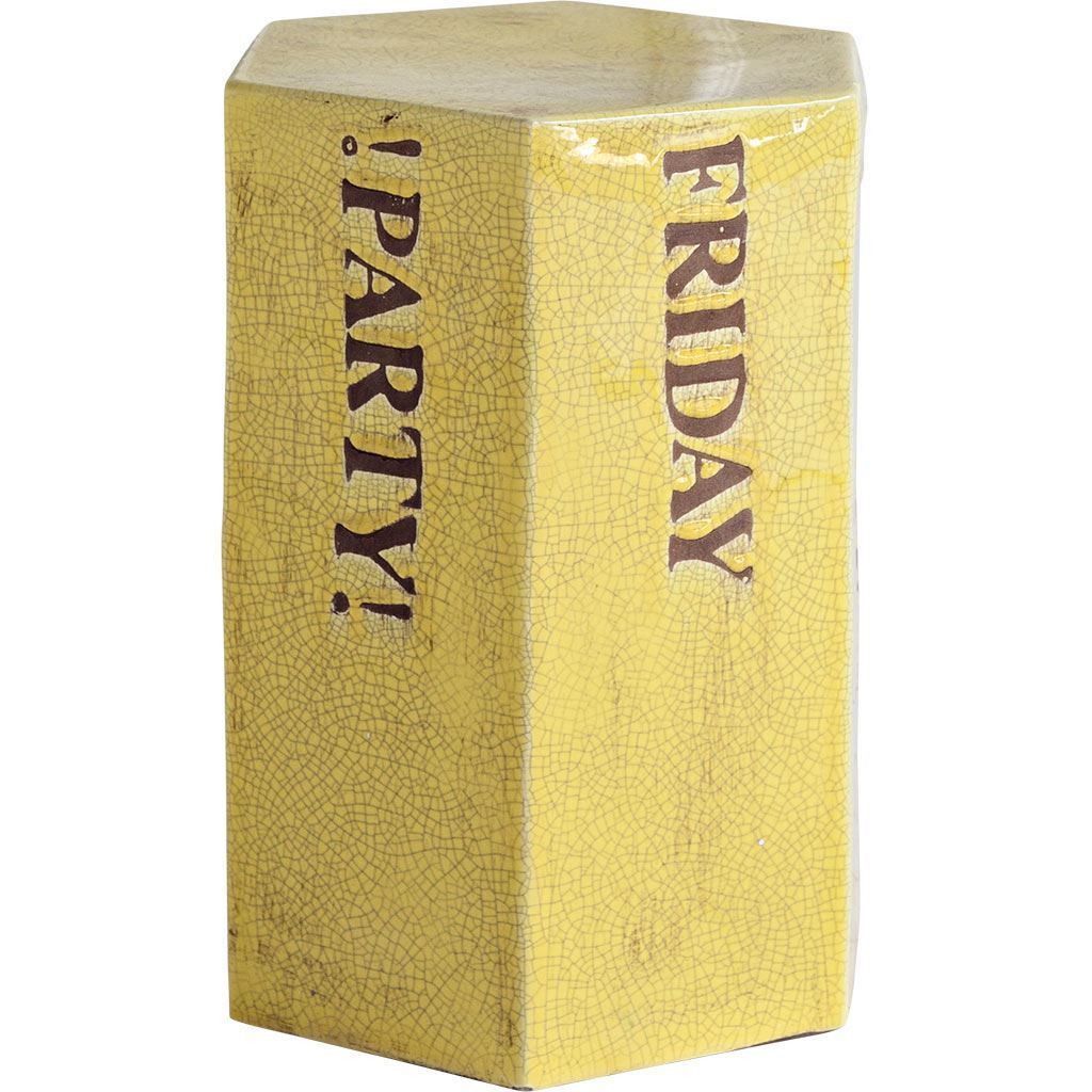 Yellow tone ceramic accent table with hexagonal top, featuring stamped days of the week and 'Party' on each side.