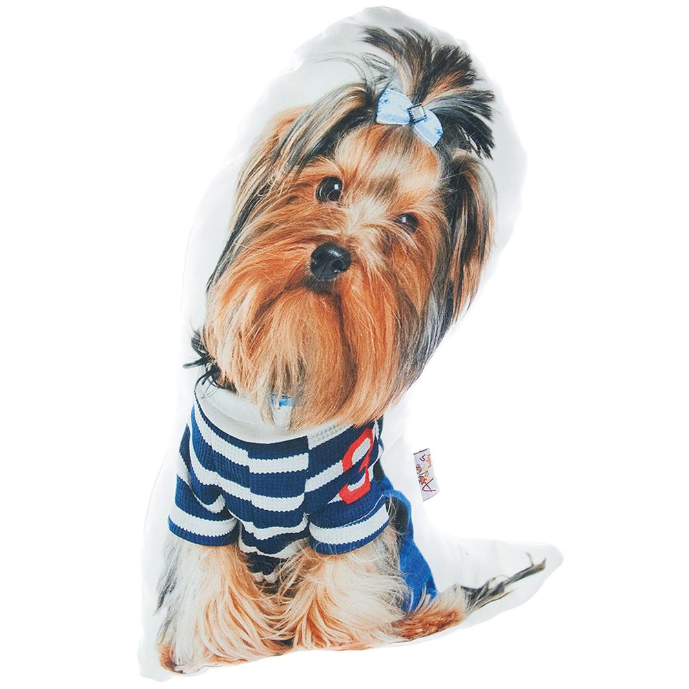 A Yorkshire Terrier dog-shaped pillow with a vibrant digital print on the front and a solid natural color back, perfect for home decor.