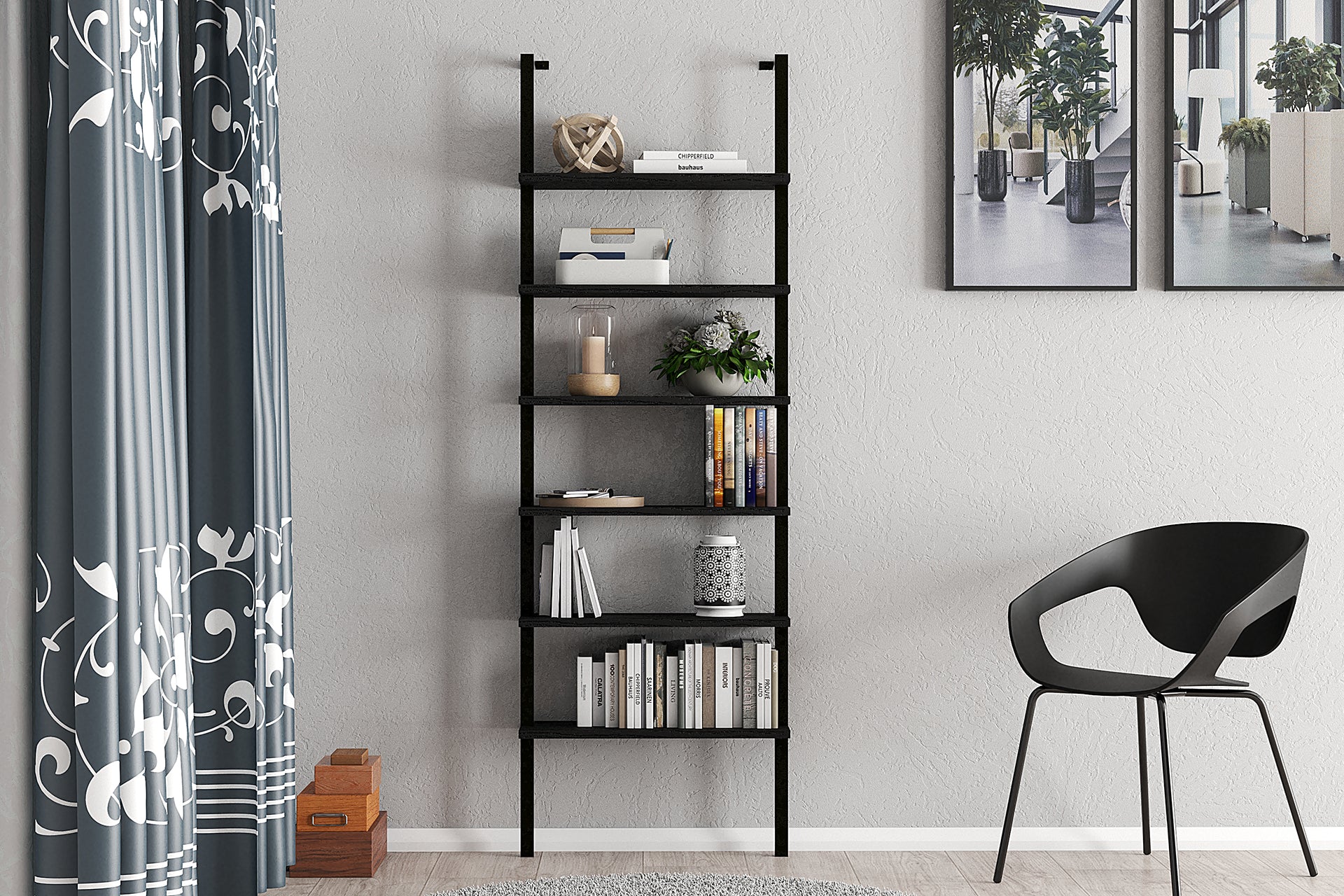 Zeus Black 6 Shelf Industrial Design Wall Mount Bookcase showcasing a sleek black finish and sturdy metal frame, ideal for modern interiors.