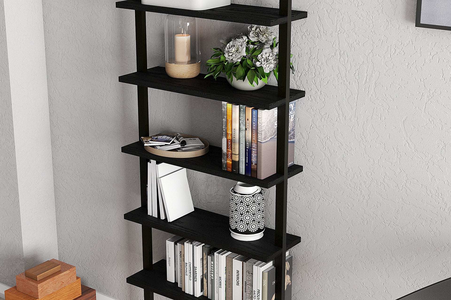 Zeus Black 6 Shelf Industrial Design Wall Mount Bookcase showcasing a sleek black finish and sturdy metal frame, ideal for modern interiors.