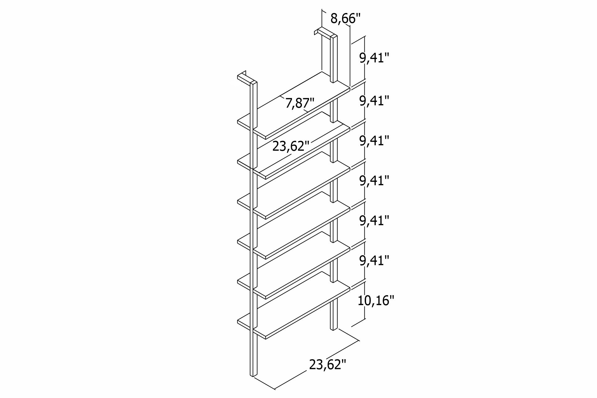 Zeus Black 6 Shelf Industrial Design Wall Mount Bookcase showcasing a sleek black finish and sturdy metal frame, ideal for modern interiors.