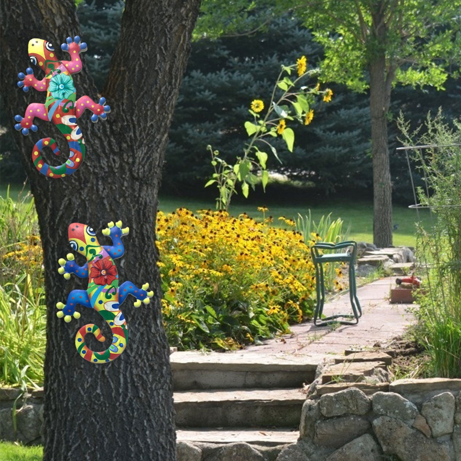 Two colorful metal gecko wall decor sculptures with intricate designs, perfect for indoor and outdoor decoration.