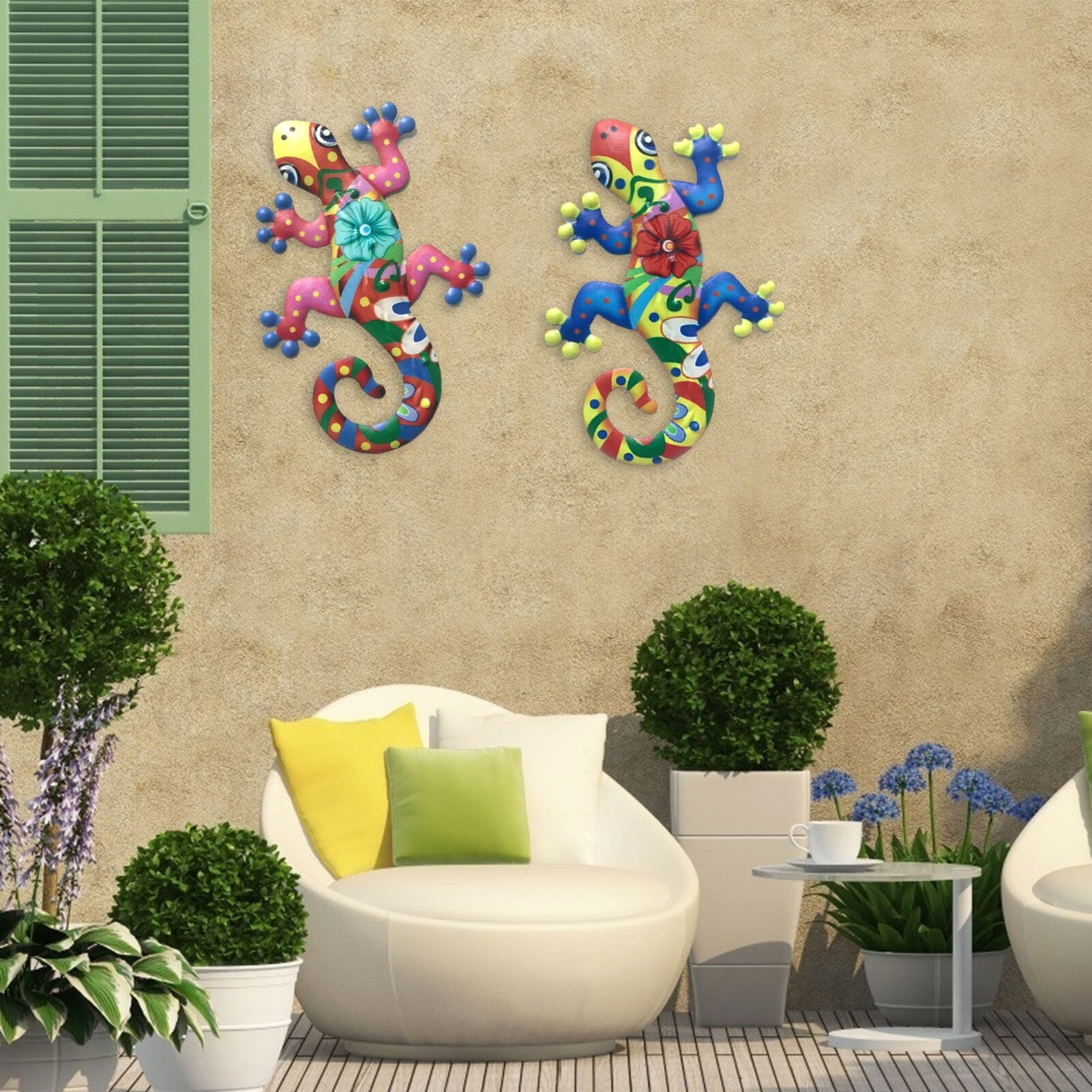 Two colorful metal gecko wall decor sculptures with intricate designs, perfect for indoor and outdoor decoration.