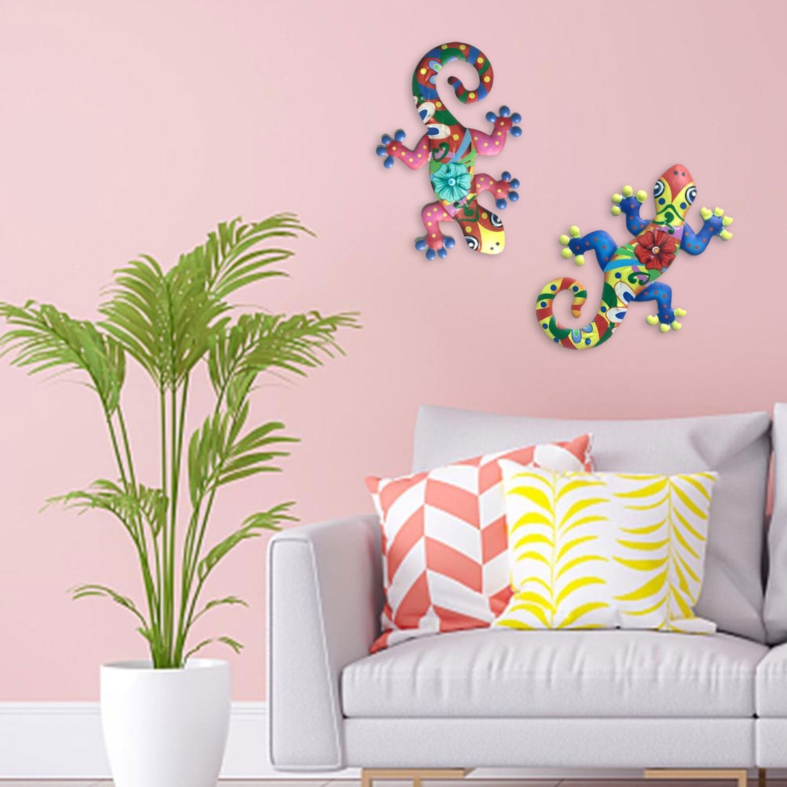 Two colorful metal gecko wall decor sculptures with intricate designs, perfect for indoor and outdoor decoration.