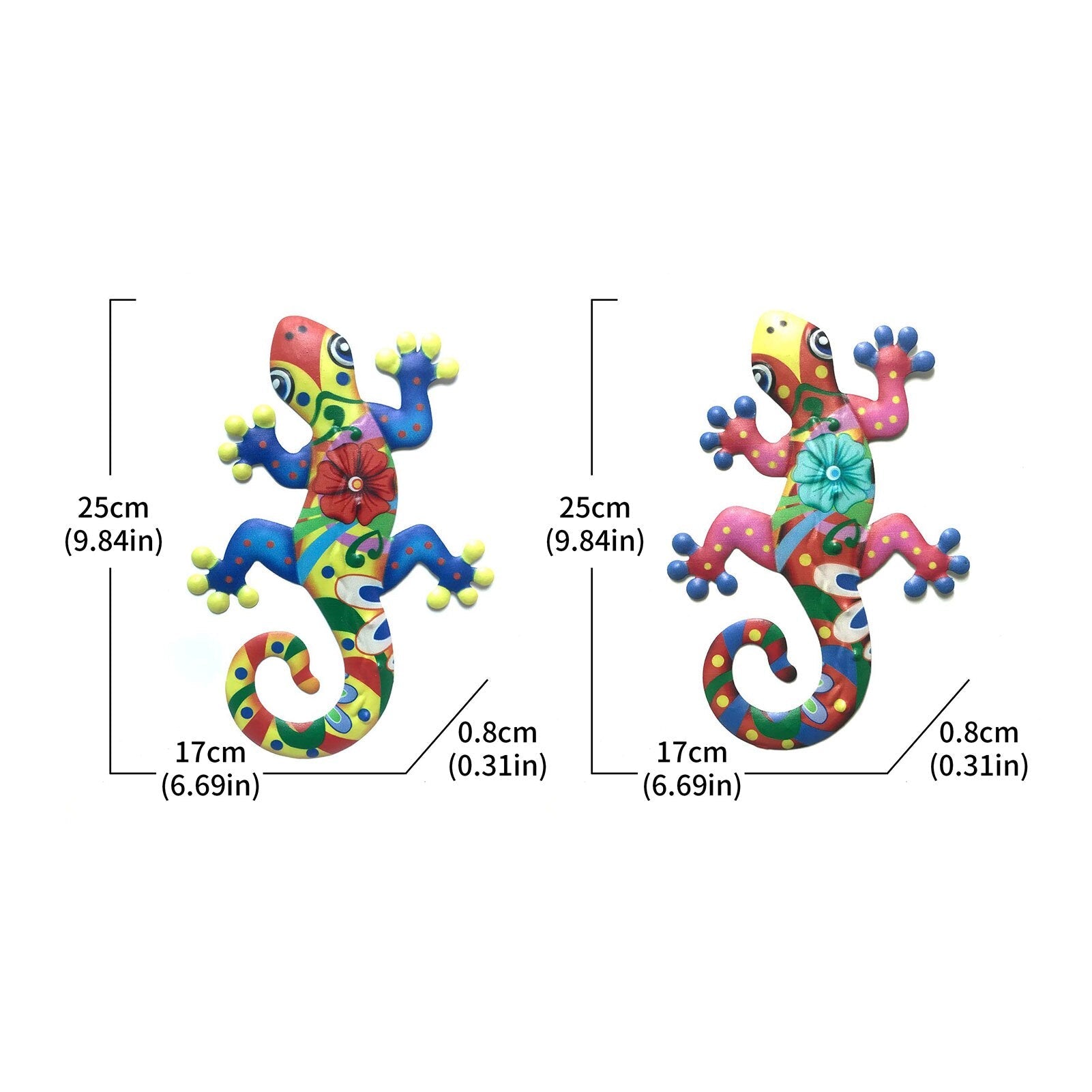 Two colorful metal gecko wall decor sculptures with intricate designs, perfect for indoor and outdoor decoration.