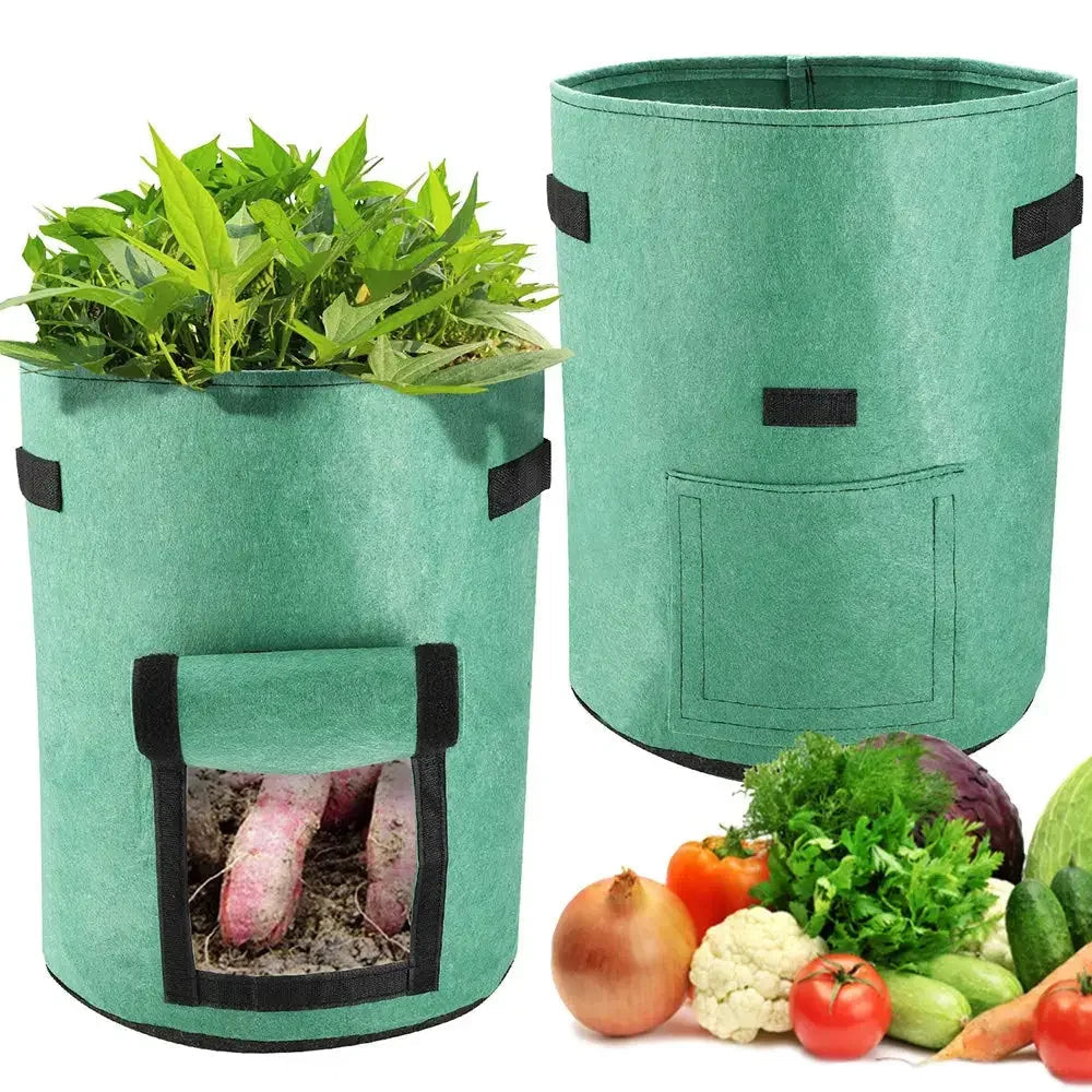 Three green felt plant grow bags made of nonwoven fabric, designed for growing potatoes and vegetables in a garden or greenhouse setting.