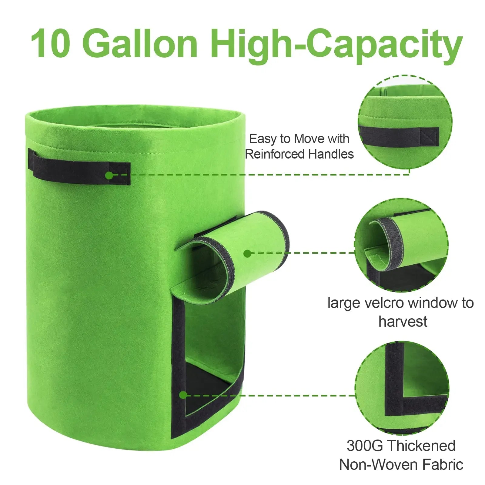 Three green felt plant grow bags made of nonwoven fabric, designed for growing potatoes and vegetables in a garden or greenhouse setting.