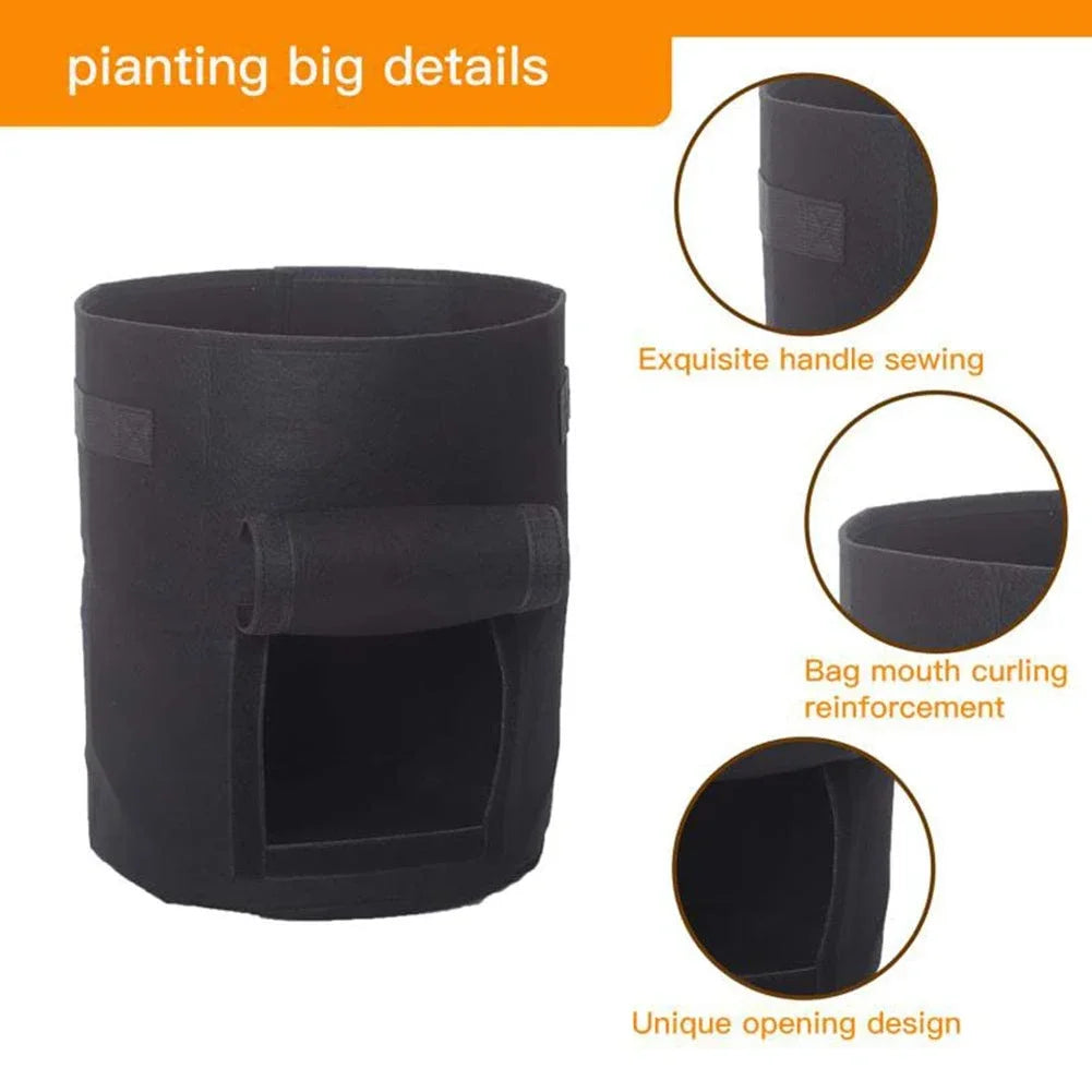 Three green felt plant grow bags made of nonwoven fabric, designed for growing potatoes and vegetables in a garden or greenhouse setting.