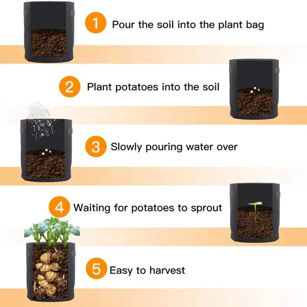 Three green felt plant grow bags made of nonwoven fabric, designed for growing potatoes and vegetables in a garden or greenhouse setting.