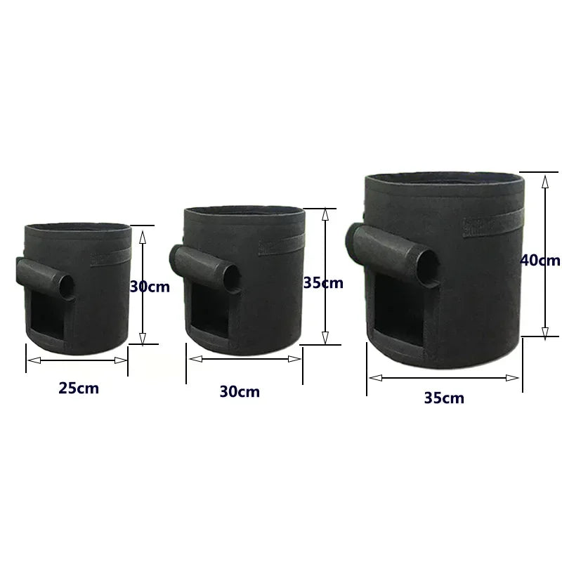 Three green felt plant grow bags made of nonwoven fabric, designed for growing potatoes and vegetables in a garden or greenhouse setting.