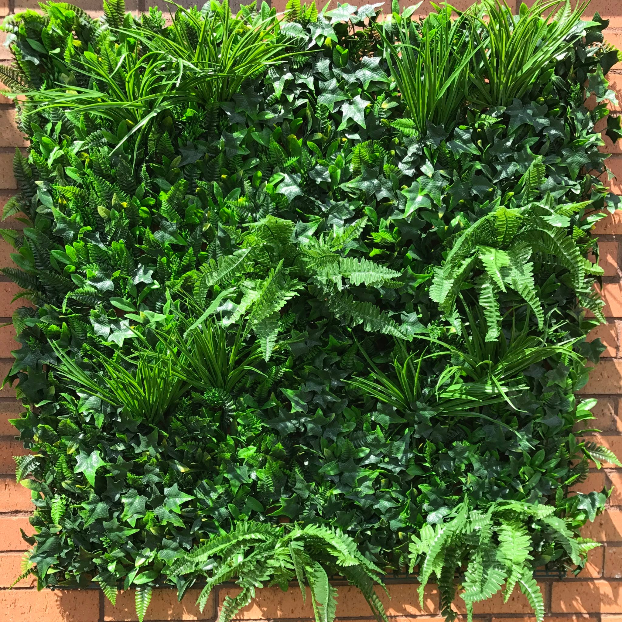 Artificial Instant Green Wall Hedge Panel featuring mixed plants including ferns, ivy leaves, and colorful foliage, measuring 100cm x 100cm.