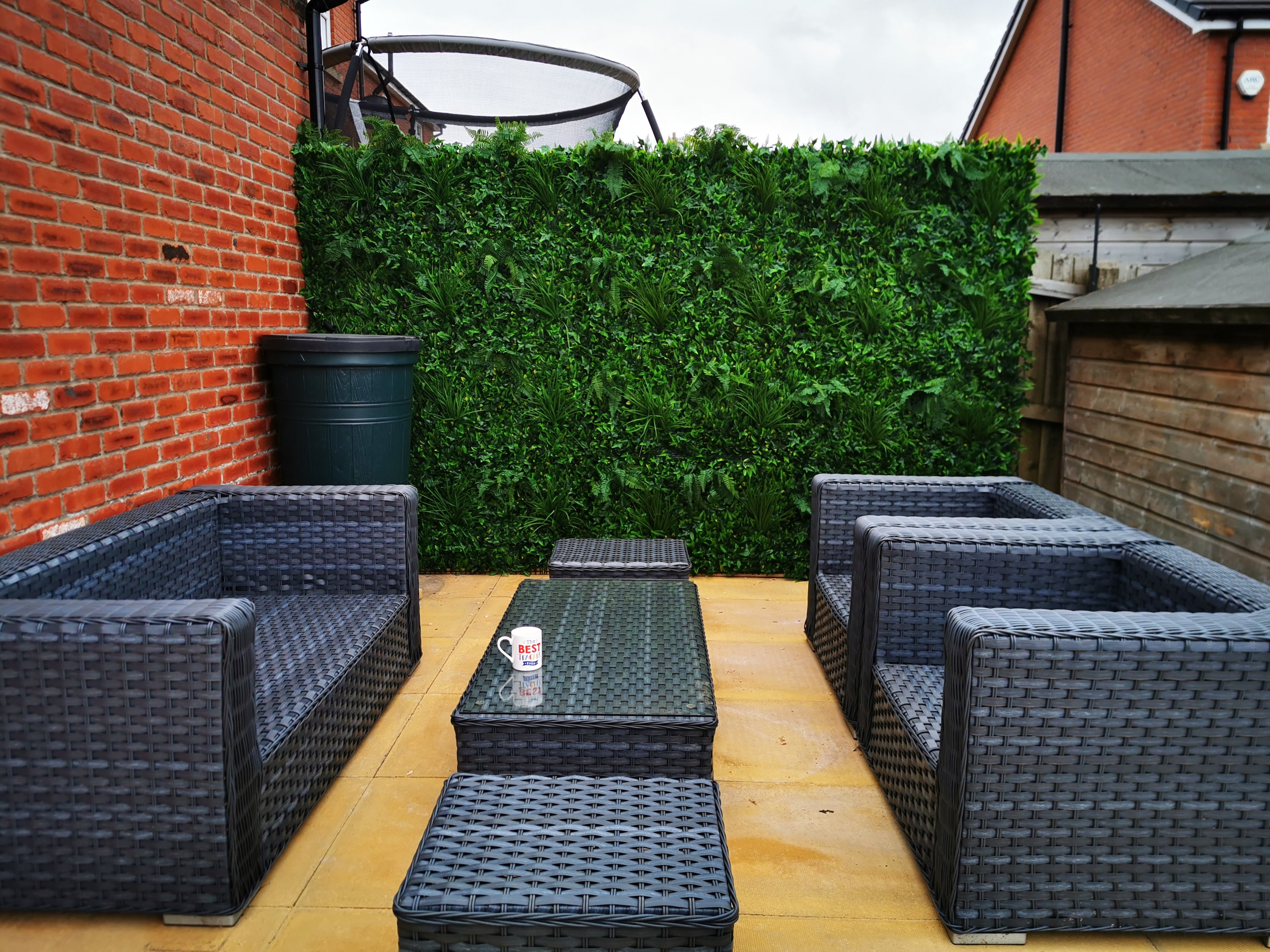 Artificial Instant Green Wall Hedge Panel featuring mixed plants including ferns, ivy leaves, and colorful foliage, measuring 100cm x 100cm.