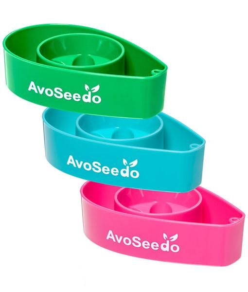 AvoSeedo 3-Pack featuring colorful plastic bowls designed for avocado seed germination, showcasing the unique indentation for seed placement.