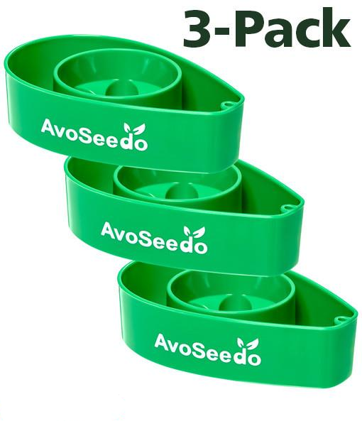 AvoSeedo 3-Pack featuring colorful plastic bowls designed for avocado seed germination, showcasing the unique indentation for seed placement.