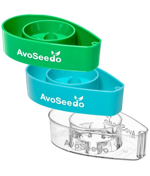 AvoSeedo 3-Pack featuring colorful plastic bowls designed for avocado seed germination, showcasing the unique indentation for seed placement.