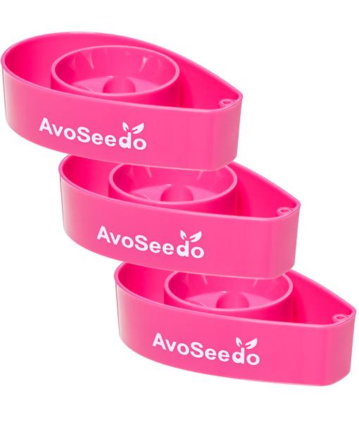 AvoSeedo 3-Pack featuring colorful plastic bowls designed for avocado seed germination, showcasing the unique indentation for seed placement.