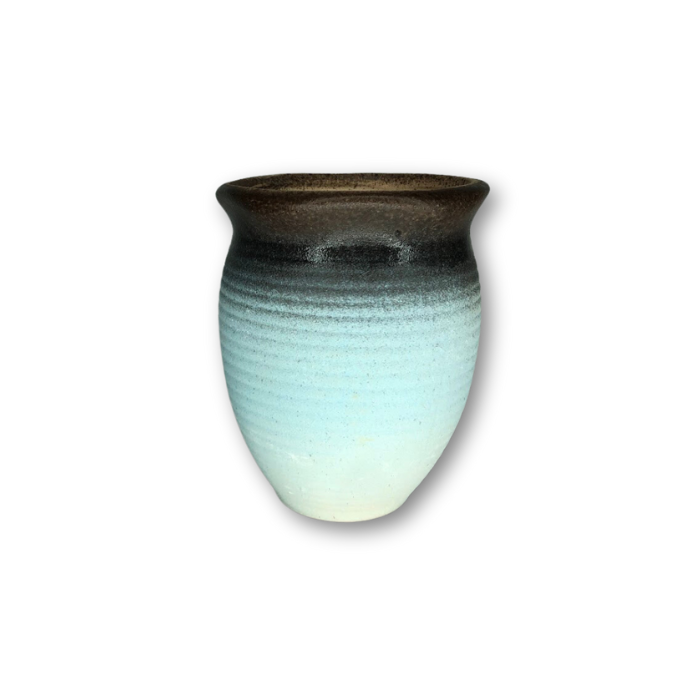 A charming baby blue pot with a dark brown rim, featuring a flat finish and a drainage hole at the bottom, ideal for small plants.
