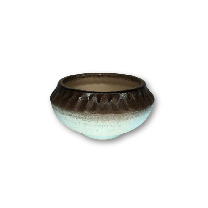 A charming baby blue pot with a dark brown rim, featuring a flat finish, perfect for indoor plants.