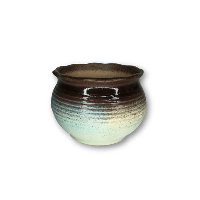 A charming baby blue pot with a dark brown rim, featuring a flat finish, ideal for indoor plants.