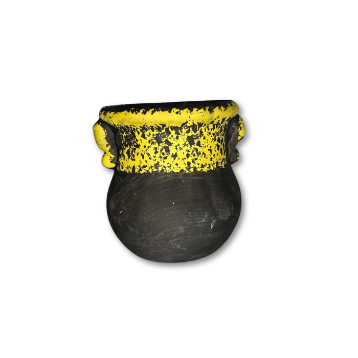 A stylish black pot with a vibrant yellow top, featuring a drainage hole at the bottom, perfect for small plants.